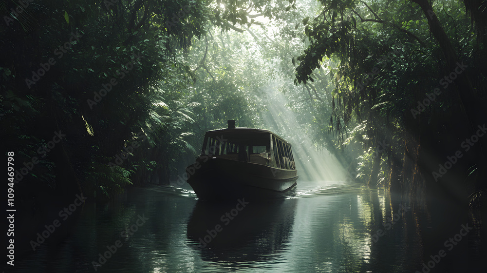 Fototapeta premium A jungle expedition boat traveling down a narrow river surrounded by dense overhanging trees.