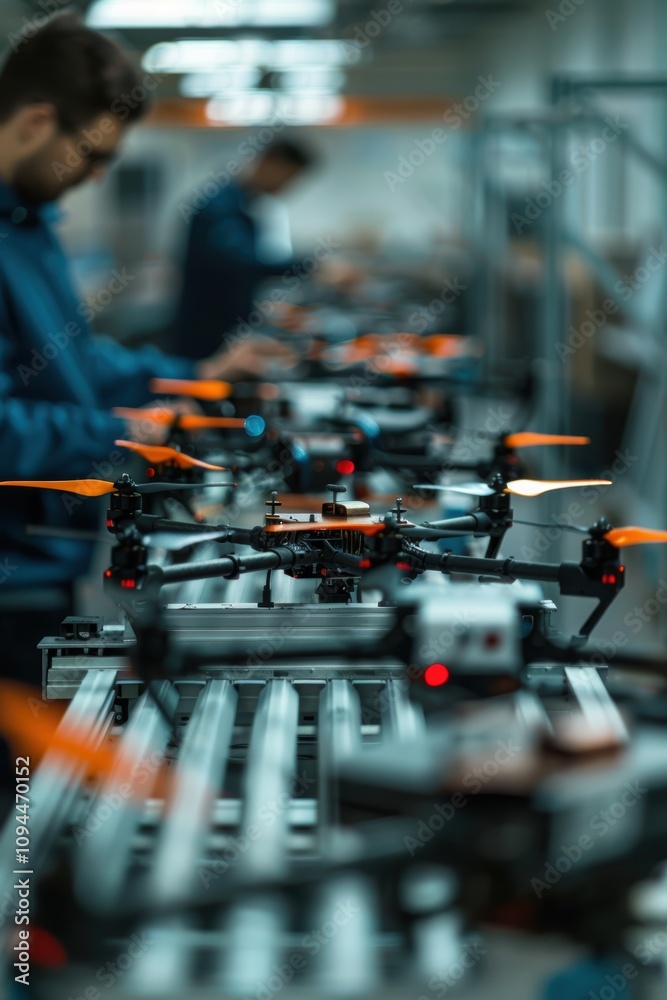 Obraz premium Engineers Performing Precision Quality Assurance on Advanced Drone Production Line