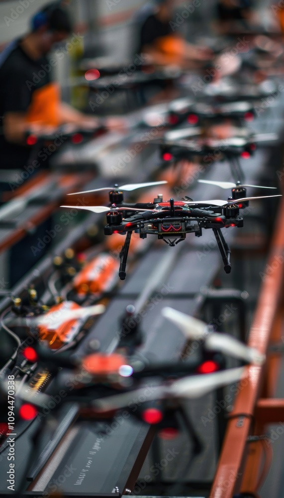 Fototapeta premium Engineers Testing Drones on Production Line for Quality and Stability in Manufacturing Process