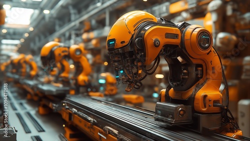 Robotic Arms Working in a High Tech Assembly Line in a Modern Factory. Generative AI photo