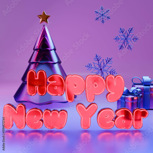 Happy New Year 2025. Realistic 3d elements gifts box happy text. Merry Christmas Background. Xmas sale present. Holiday decorative purple boxes, Holiday gift surprise. banner, social media. 3d render