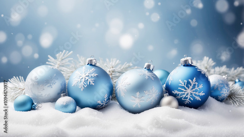 Generic atmospheric blue Christmas background with Christmas balls and snowflakes