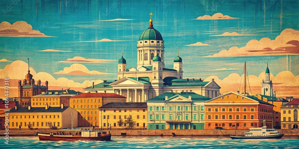Obraz premium Vintage Helsinki Travel Poster with Wood Block Print Effect, Artistic Illustration for Wallpaper, Card, Banner, and Backdrop – Modern and Simple Design