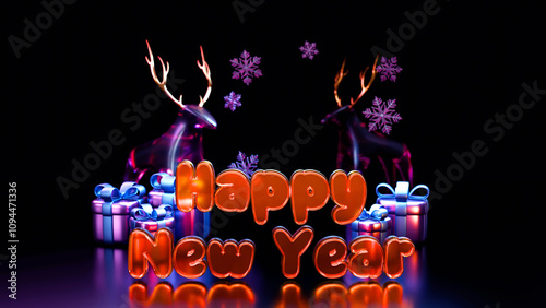 Happy New Year 2025. Realistic 3d elements gifts box happy text. Merry Christmas Background. Xmas sale present. Holiday decorative purple boxes, Holiday gift surprise. banner, social media. 3d render