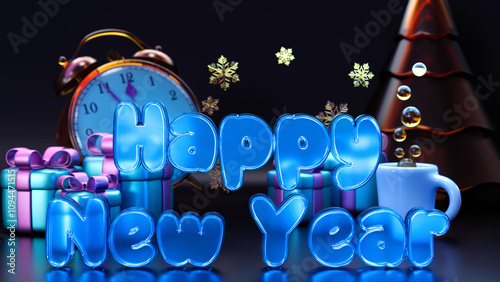 Happy New Year 2025. Realistic 3d elements gifts box happy text. Merry Christmas Background. Xmas sale present. Holiday decorative purple boxes, Holiday gift surprise. banner, social media. 3d render