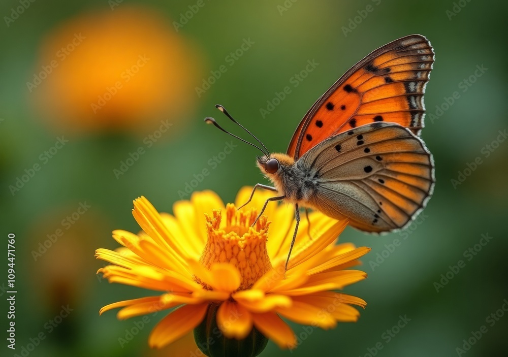 Obraz premium Butterfly resting on vibrant orange flower in a sunny garden setting