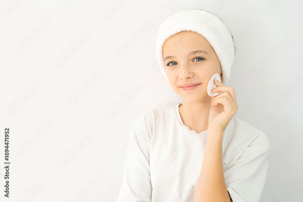 Beauty and skin care concept. Girl smiles while cleaning her face with nourishing cleansing foam with hyaluronic acid, rubbing cheeks, watching facial skin, white background Beauty and skin care concept. Girl smiles while cleaning her face with nourishing cleansing foam with hyaluronic acid, rubbing cheeks, watching facial skin, white background