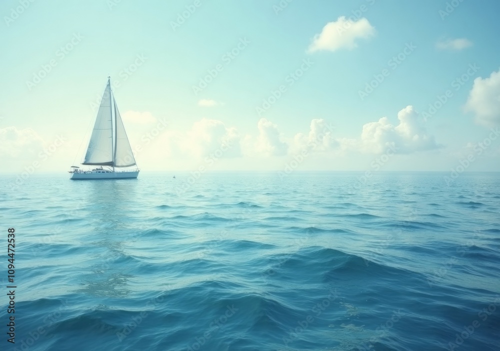 Obraz premium Calm sailing on a tranquil sea with a single sailboat gliding across mirrored waters