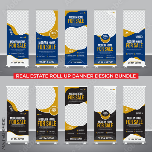 Real estate roll up banner bundle set, blue and black color roll up ads banner template 5 set package. Ads banner, rollup ads, bundle set, bundle rollup, x banner bundle, colorful bundle, pullup bundl