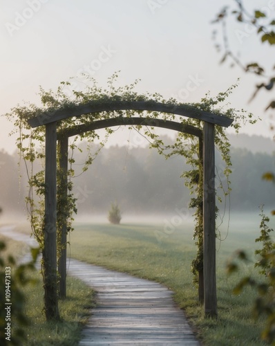 A serene pathway bordered by wooden arches and lush greenery in a tranquil landscape during the early morning hours. photo