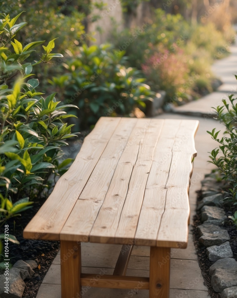 Fototapeta premium product display empty wooden table in tea garden.