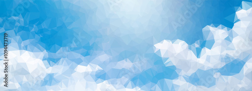 Abstract blue colorful 2d polygonal sky background with clouds. Minimalistic geometric triangle mosaic pattern in bright colors. Fit for banner or card design. Vector illustration