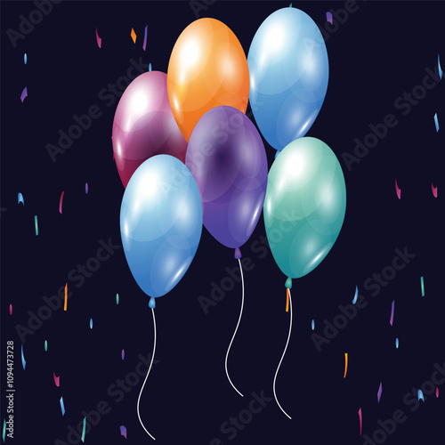 Happy birthday colorful balloons with confetti Realistic opening soon background.