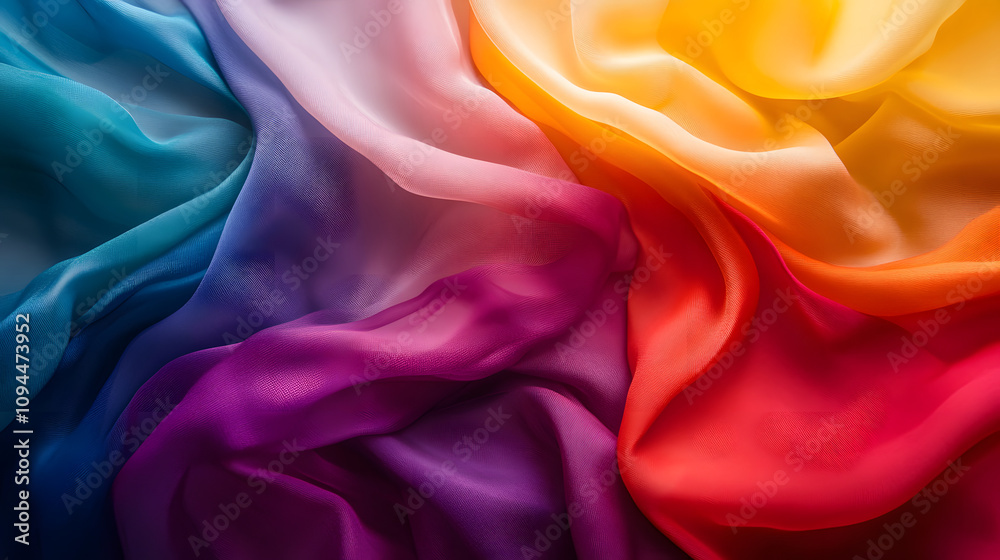 A modern art piece featuring cascading fabric dyed in gradient tones of the rainbow. A modern art piece featuring cascading fabric dyed in gradient tones of the rainbow.