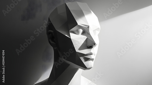 A monochromatic sculpture of a human form fragmented into geometric shapes. photo