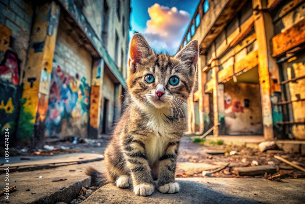 Obraz premium Urban Exploration Photography: Cute Portrait of a Kitten Surrounded by Graffiti and Abandoned Buildings for Pet Lovers and Animal Enthusiasts