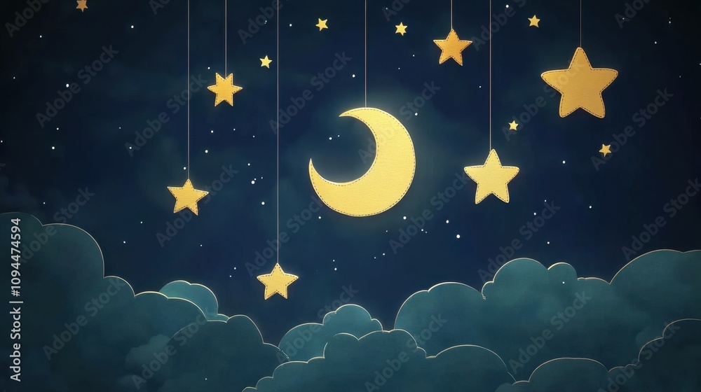 Fototapeta premium A magical paper-cut night sky filled with shooting stars and a glowing moon, representing limitless possibilities.