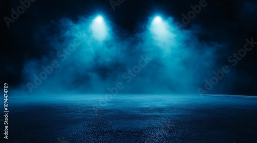 Ethereal Blue Spotlight on Dark Concrete Floor: Dramatic Digital Artwork. AI Generated