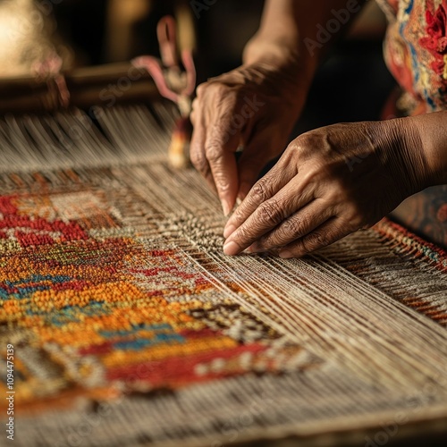 Hands skillfully weaving vibrant colorful textile.