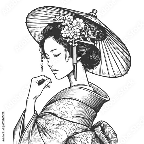 traditional geisha, adorned with a floral kimono and holding an umbrella parasol sketch engraving generative ai fictional character vector illustration. Scratch board. Black and white image.