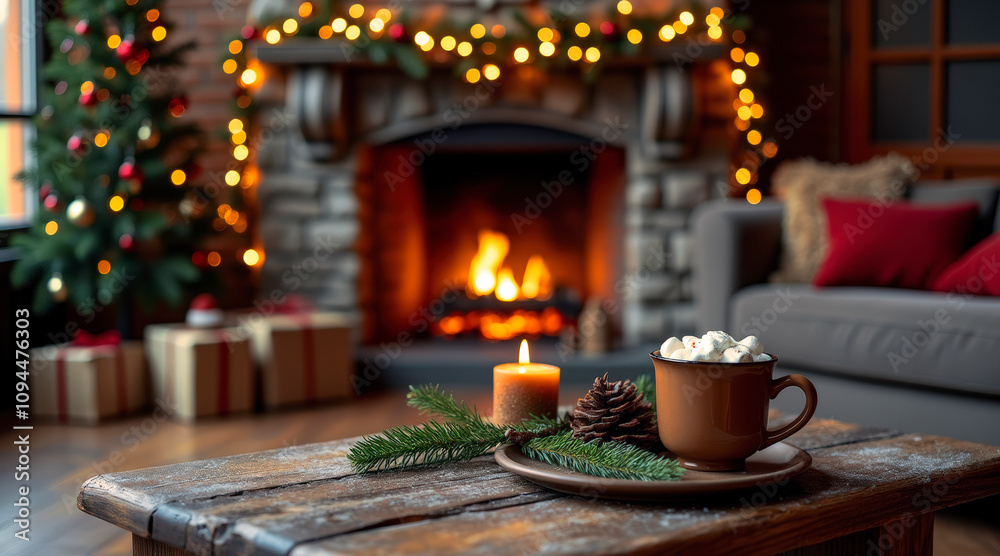 A festive living room with a glowing fireplace, a Christmas tree, and a table holding hot chocolate and a candle. A festive living room with a glowing fireplace, a Christmas tree, and a table holding hot chocolate and a candle.