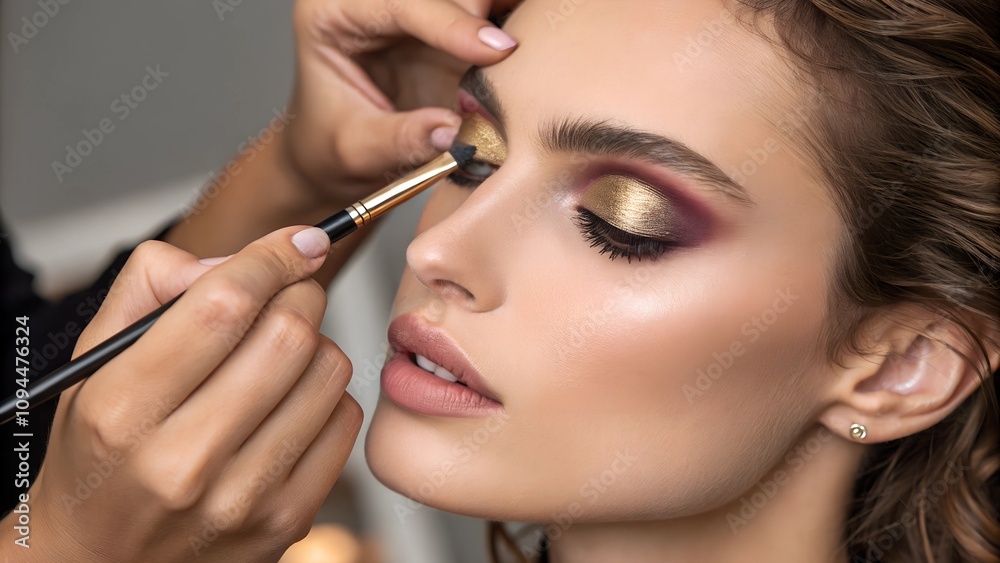 Young caucasian female experiencing professional makeup application with bold eyeshadow Young caucasian female experiencing professional makeup application with bold eyeshadow