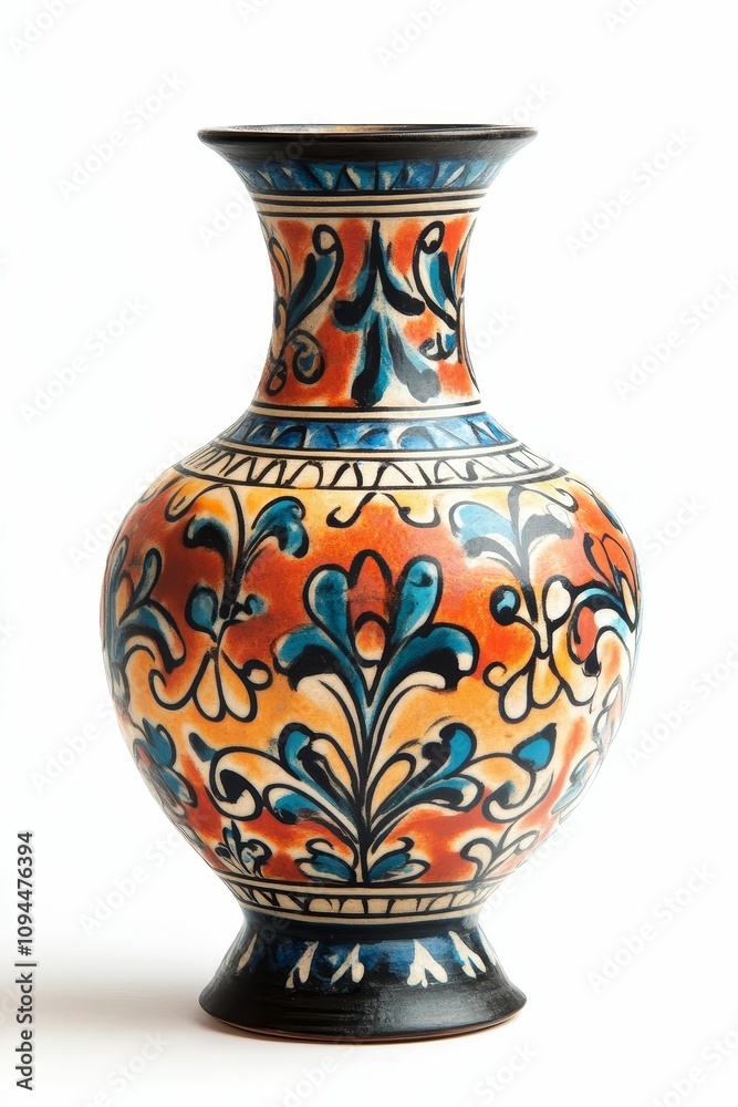 Ornate vase, vibrant floral pattern, ceramic. Ornate vase, vibrant floral pattern, ceramic.