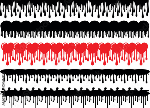 Dripping borders vector featuring black ink, paint splashes, red hearts, and grunge style liquid drops. Perfect dripping paint for graphic design, Halloween themes, love themed art, and abstract decor