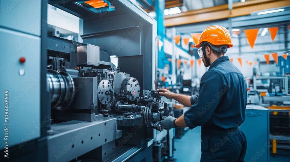 A Male Industrial Worker Operating Machinery in a Factory A Male Industrial Worker Operating Machinery in a Factory
