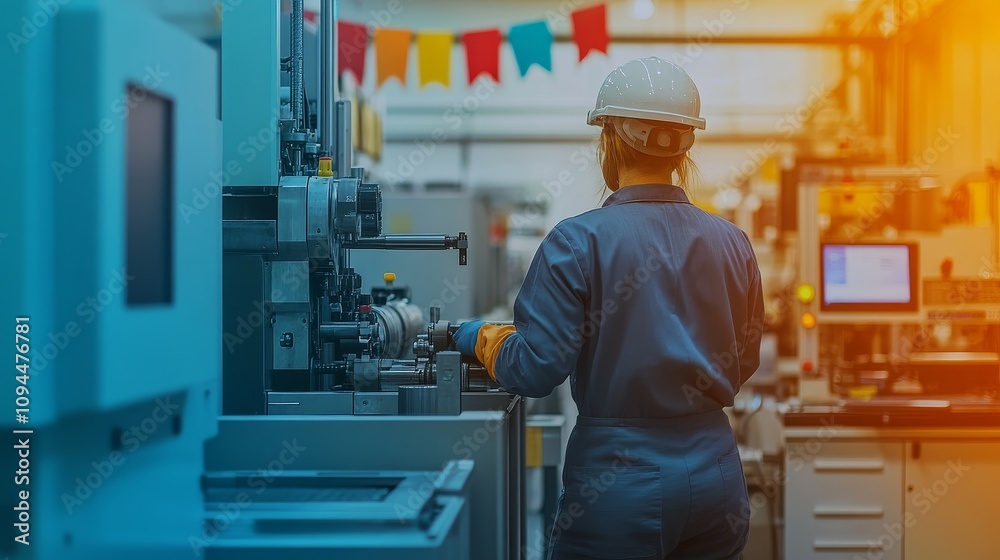 A Female Industrial Worker Operating a Machine in a Factory Setting A Female Industrial Worker Operating a Machine in a Factory Setting