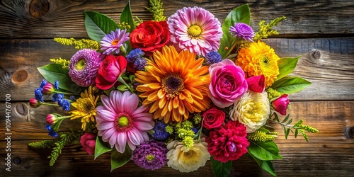 Aerial Photography of a Stunning Bouquet of Flowers on a Rustic Wooden Table with Soft Natural Lighting for a Fresh and Vibrant Feel in a Floral Arrangement