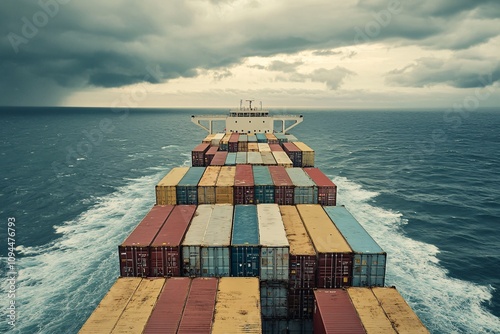 A cargo ship in bad weather seen through the captain’s window, depicting the perils of international sea logistics photo