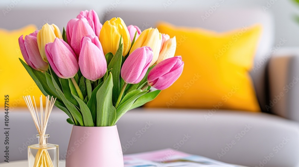 Obraz premium Elegant tulips brighten a modern living room with stylish decor and cozy atmosphere