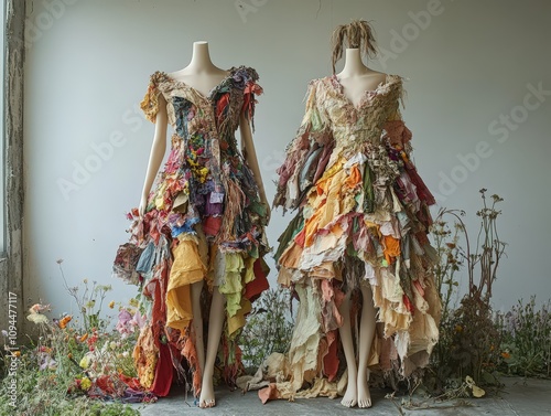 Artistic fashion display featuring two unique dresses made from vibrant, upcycled materials showcasing creativity and sustainability. photo