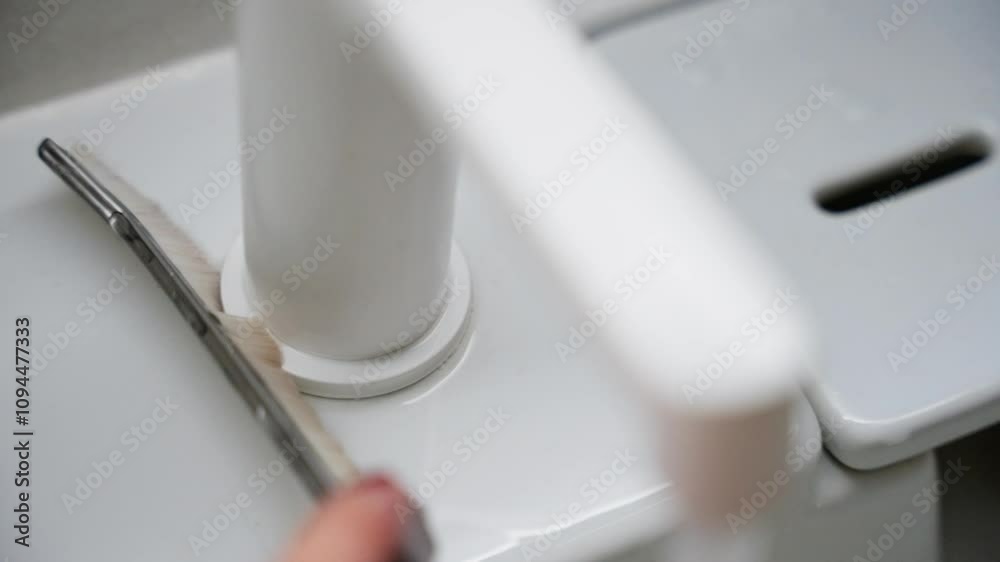 Woman scrubs the base of a white bathroom sink, utilizing a brush and blade to eliminate dirt and grime, maintaining a clean and sanitary space Woman scrubs the base of a white bathroom sink, utilizing a brush and blade to eliminate dirt and grime, maintaining a clean and sanitary space