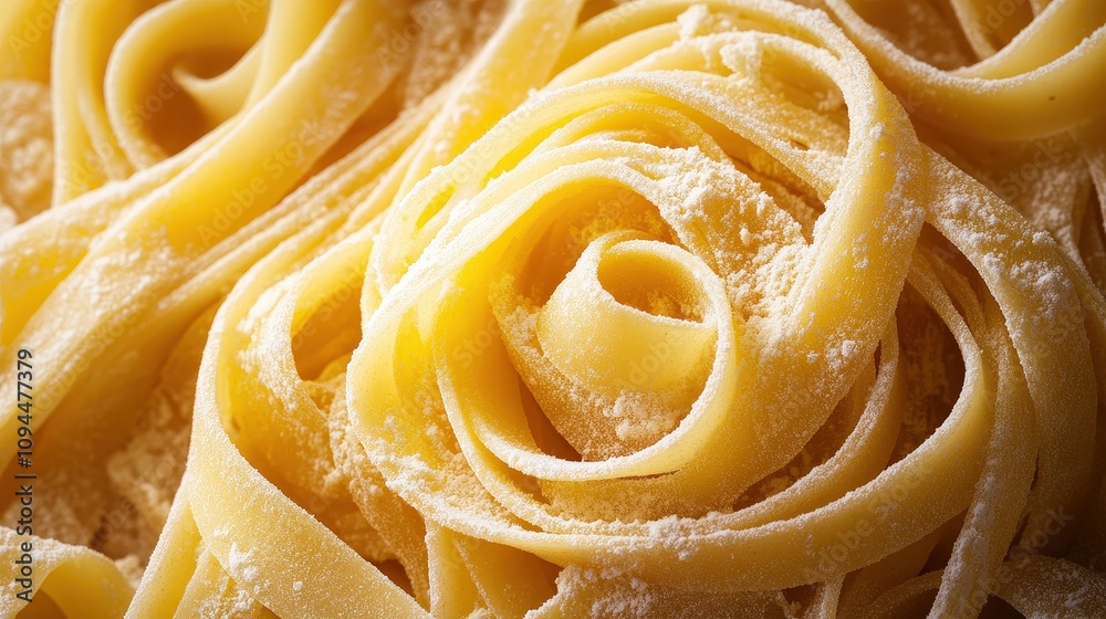 Close-up of delicious fresh fettuccine pasta, elegantly arranged in a spiral with a dusting of grated cheese.