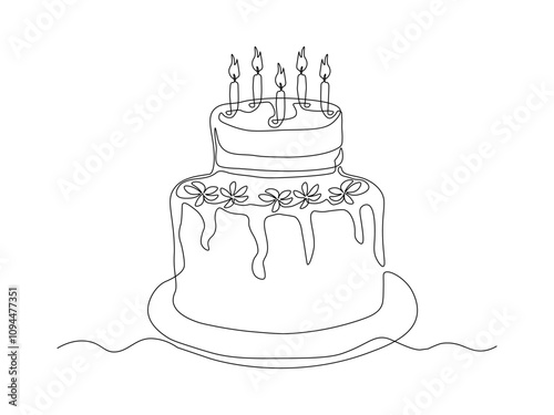 Birthday cake with burning candle, dessert. continuous single line art drawing sketch, logo