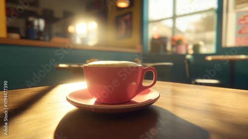 A Cozy Coffee Shop Scene Featuring a Vibrant Pink Cup of Coffee on a Sunlit Wooden Table with a Soft Focus Background of Cafe Atmosphere