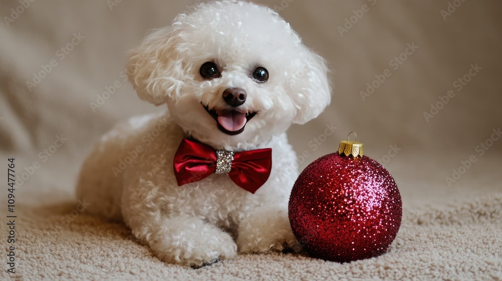 Fototapeta premium Adorable fluffy white dog with a festive red bowtie sits next to a shiny red ornament on a cozy carpet, capturing the spirit of holiday celebrations and joy.