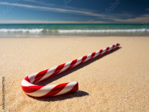 A festive candy cane stands out on sunlit beach sand with gentle waves and a bright blue sky in the background. photo