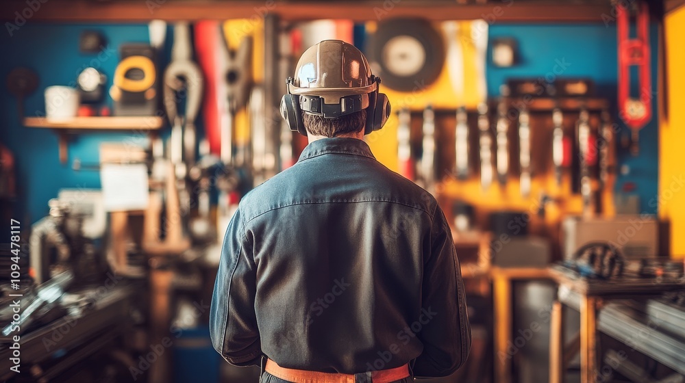 A Man in a Hardhat Standing in a Workshop A Man in a Hardhat Standing in a Workshop