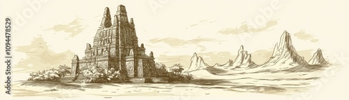 A sketch of a temple-like structure set against a mountainous landscape.