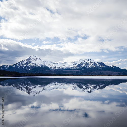Wallpaper Mural Snow capped mountains under white clouds in the reflection of the lake mirror Torontodigital.ca