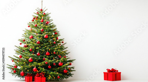 Christmas Tree with Red decorations and Gifts. Holiday concept on White background with copy-space