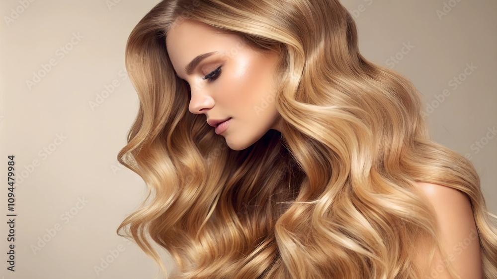 Elegant young caucasian female with long blonde wavy hair in profile