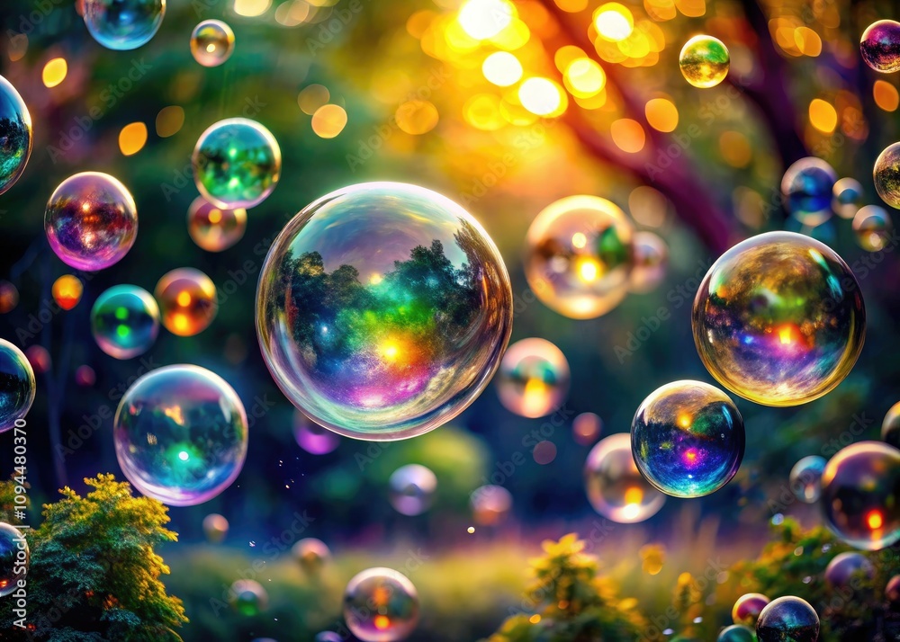 Surreal Abstract Background of Floating Transparent Soap Bubbles in Air, Dreamlike Atmosphere, Colorful Reflections, Ethereal Light, Whimsical Elements, Creative Design, High Resolution