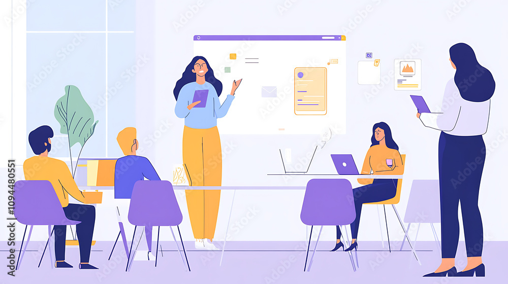 A woman leading a brainstorming session on app development ideas in a modern workspace A woman leading a brainstorming session on app development ideas in a modern workspace