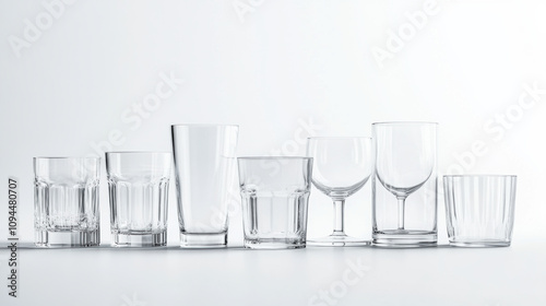 Empty drinking glasses various shapes clean minimalist glassware collection crystal transparent clear drinking glass rocks glass highball glass wine glass tumbler glassware set barware home decor photo