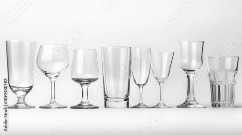 Empty drinking glasses various shapes glassware collection transparent clear crystal drinking beverage bar restaurant pub cafe still life clean simple elegant minimalist white background studio shot