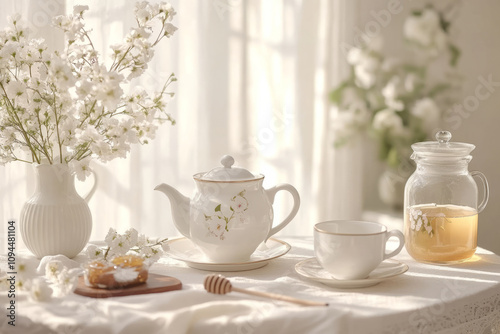 Wallpaper Mural Tea setting with a floral teapot, matching teacup, honey jar, and delicate flowers Torontodigital.ca
